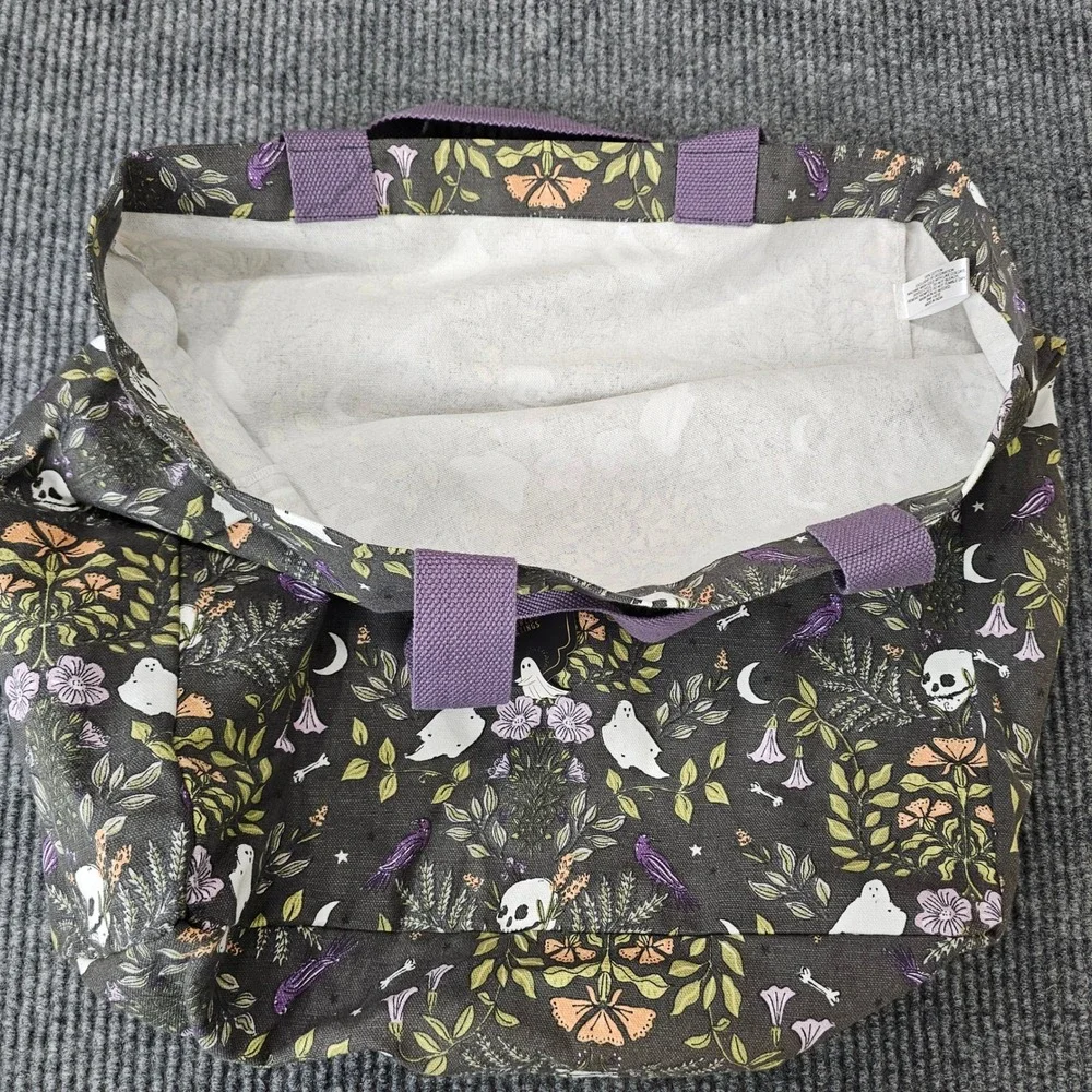 Hallowed Hauntings Tote Bag Unisex OS Black Ghost Skull Floral Halloween Canvas